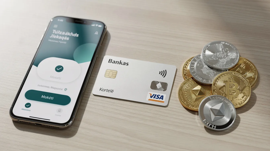 Nuotraukoje matomi įvairūs mokėjimo būdai, įskaitant banko korteles, telefoną su mokėjimo programėle